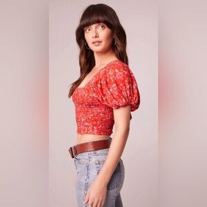 NWT Band of the Free Joelle red Floral Smocked Top small bow tie back